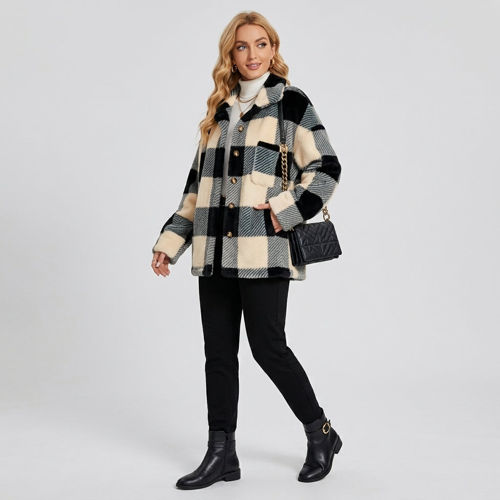 Vionella | Geruite pluche jas voor dames – Elegante, casual jas met knopen aan de voorkant