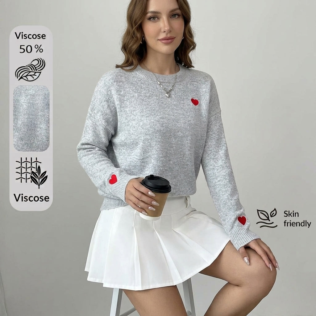 Fiorina | Damestrui met hartjesborduursel – Loszittende pullover met ronde hals