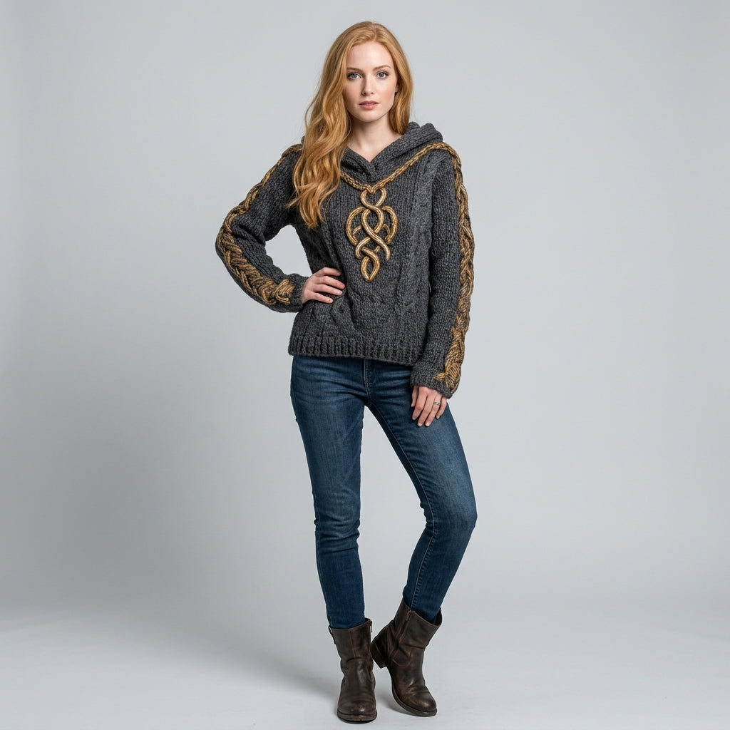 Quenella | Jacquard-trui met capuchon voor dames – Zachte, geborduurde pullover