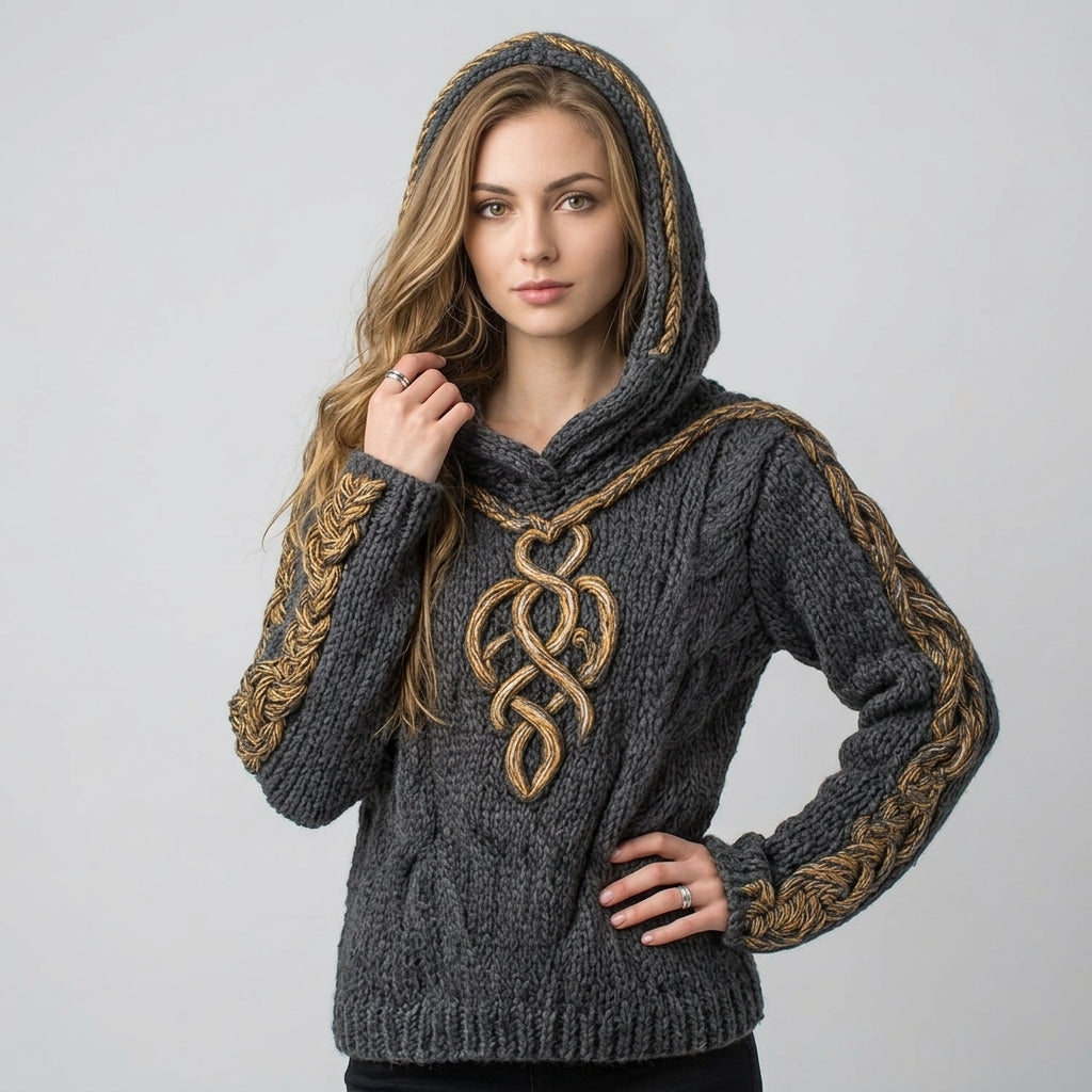 Quenella | Jacquard-trui met capuchon voor dames – Zachte, geborduurde pullover