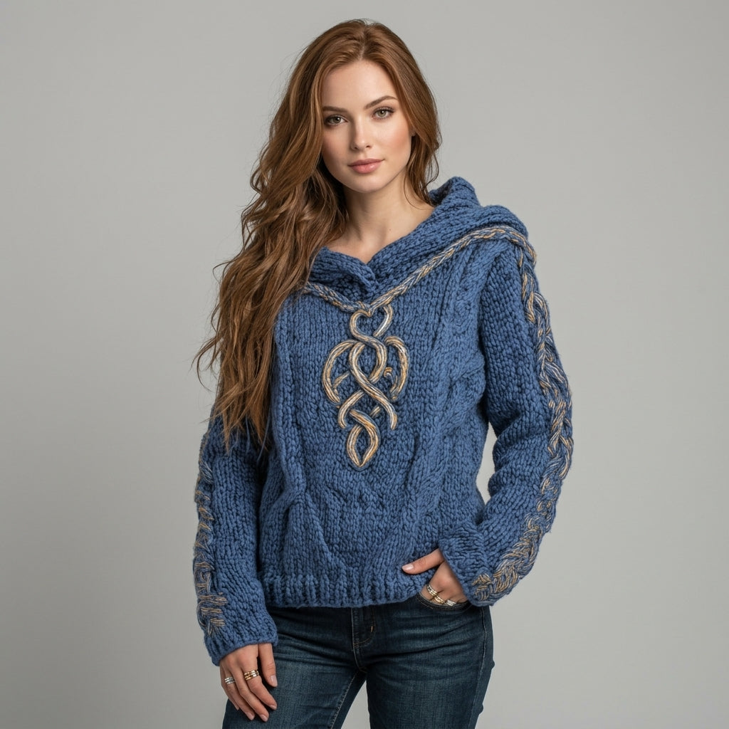 Quenella | Jacquard-trui met capuchon voor dames – Zachte, geborduurde pullover