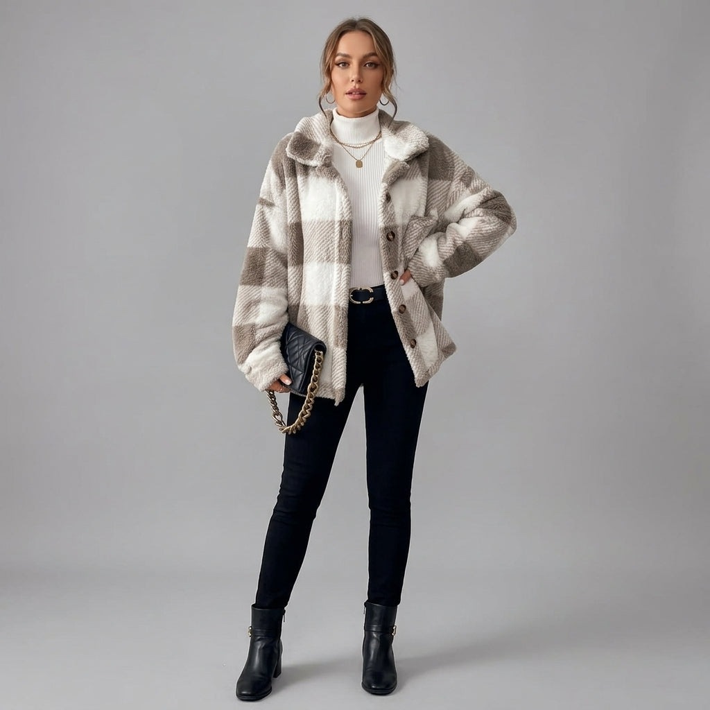 Vionella | Geruite pluche jas voor dames – Elegante, casual jas met knopen aan de voorkant