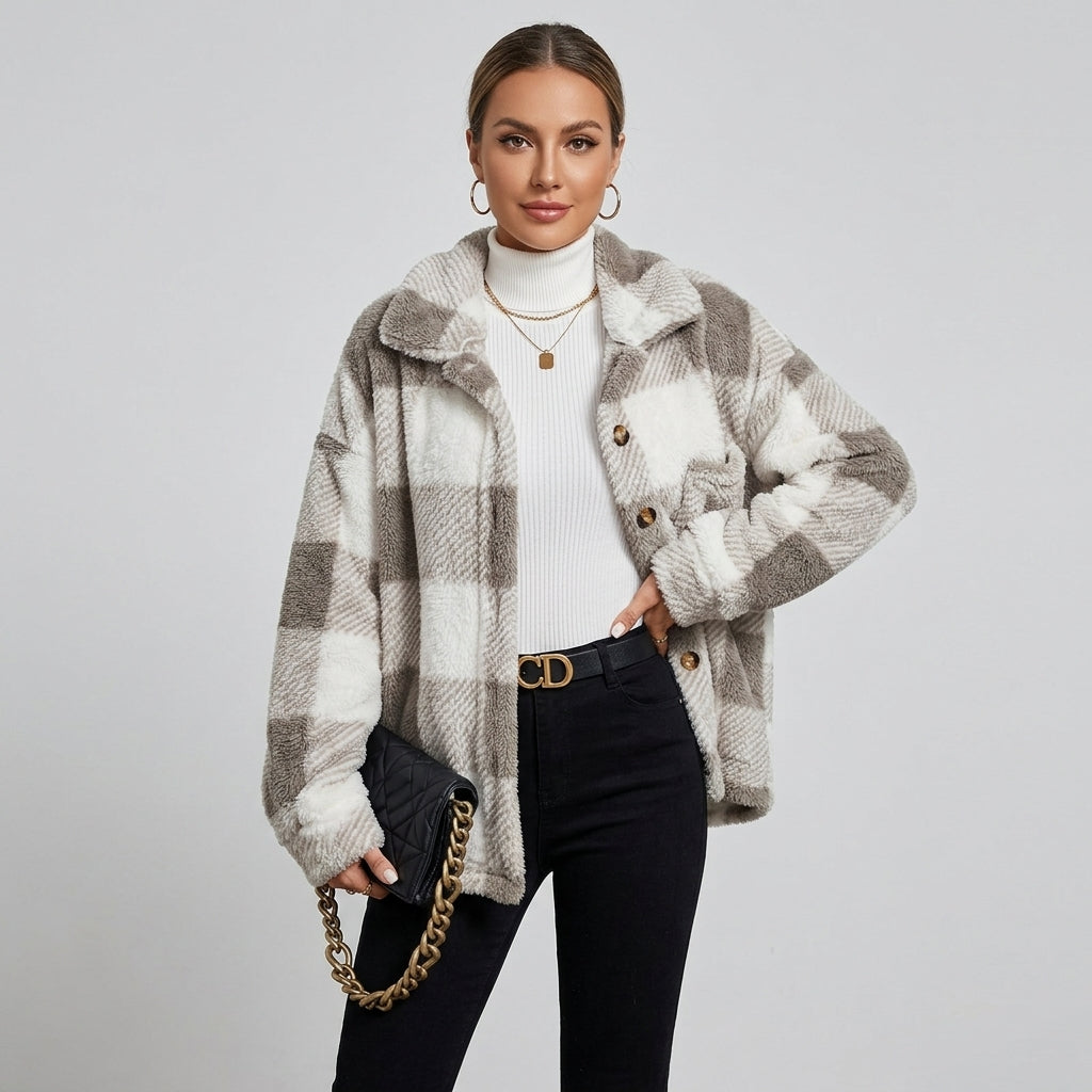 Vionella | Geruite pluche jas voor dames – Elegante, casual jas met knopen aan de voorkant
