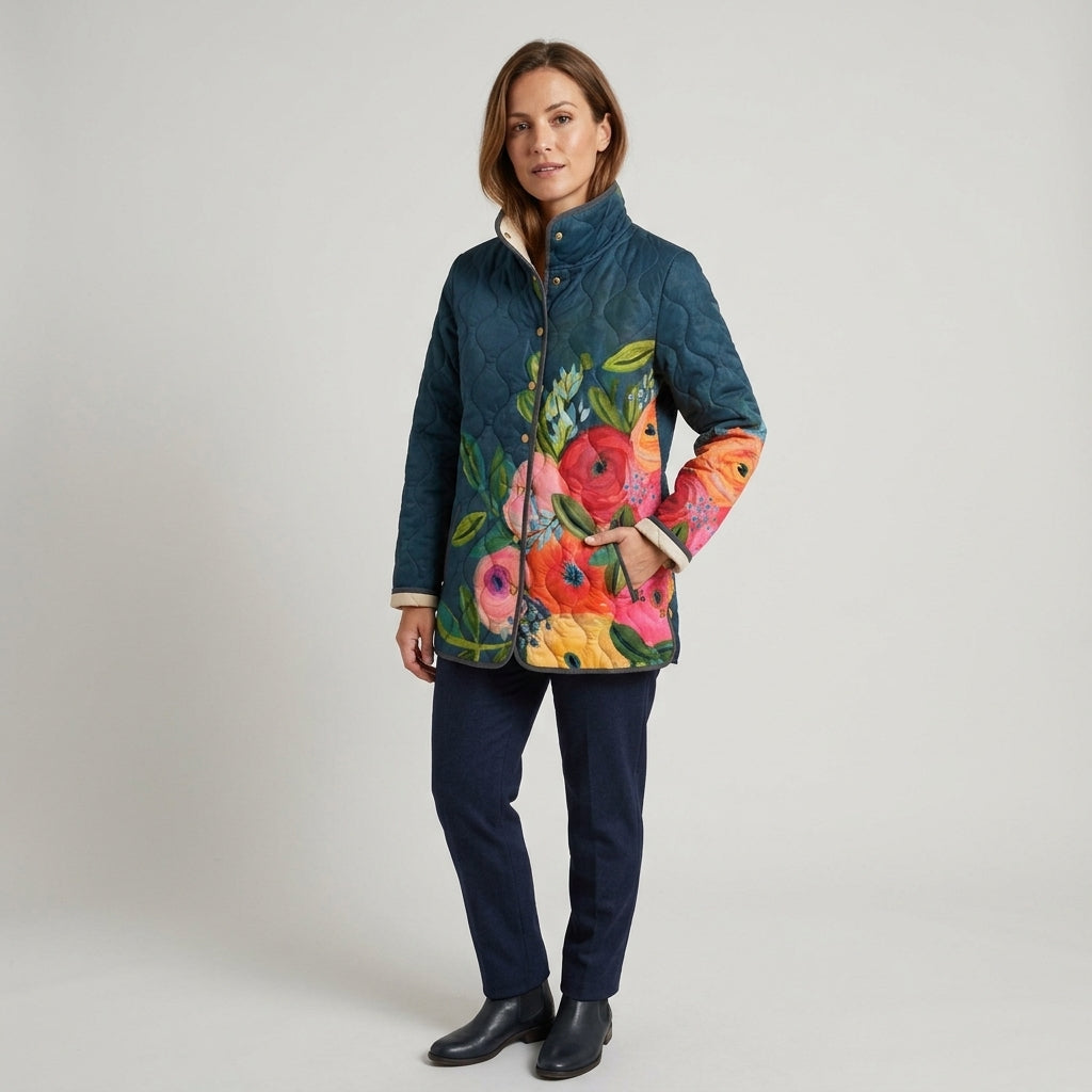 Keturah | Vintage Damesjas met Bloemenprint – Gewatteerde Jas met Retro Floral Design