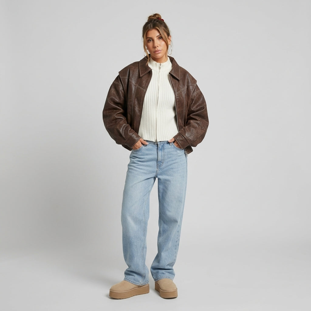 Nolana | Oversized Dames Leren Jas – Zacht Leer, Trendkleuren & Tijdloos Design