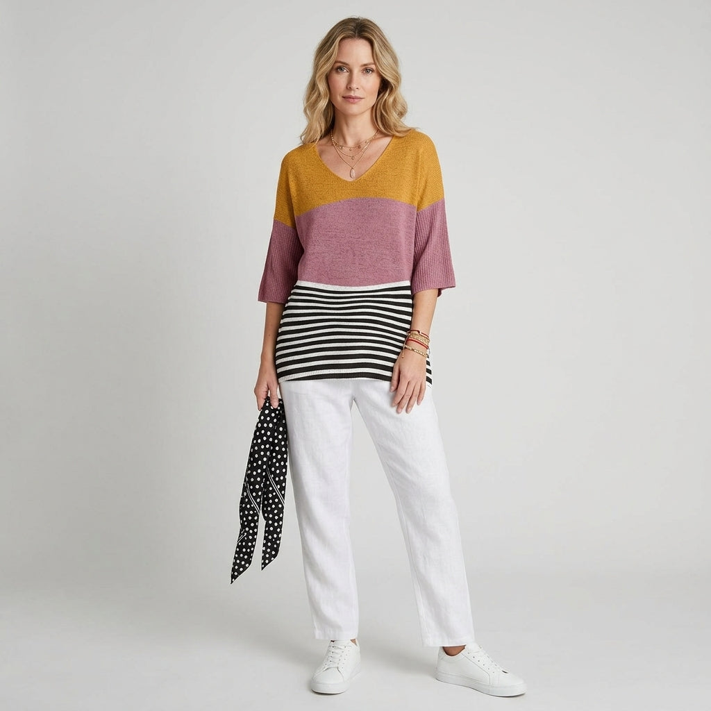 Jonquil | Dames Gebreide Trui met Abstracte Lijnprint – Casual Pullover met Artistiek Patroon