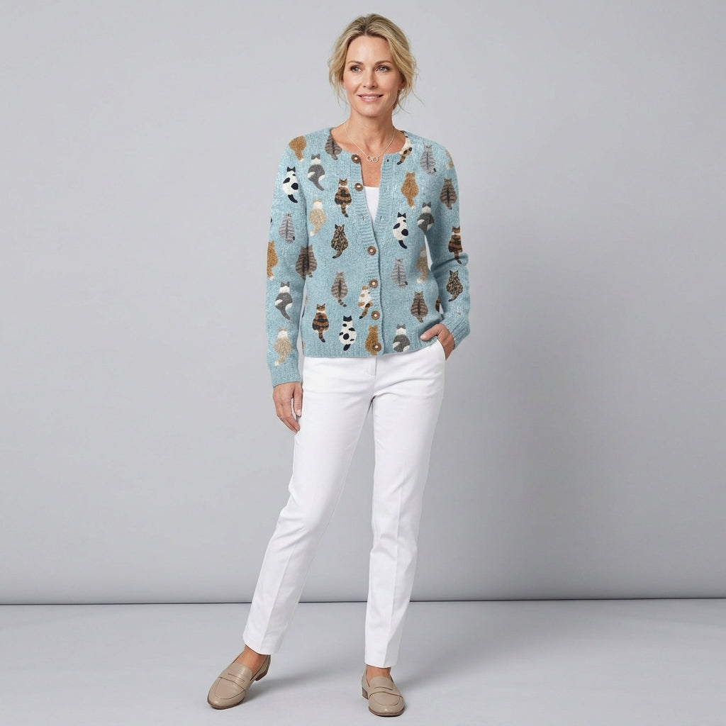 Elsinia | Dames Cardigan met Kattenprint – Gebreide Cardigan met Speelse Print