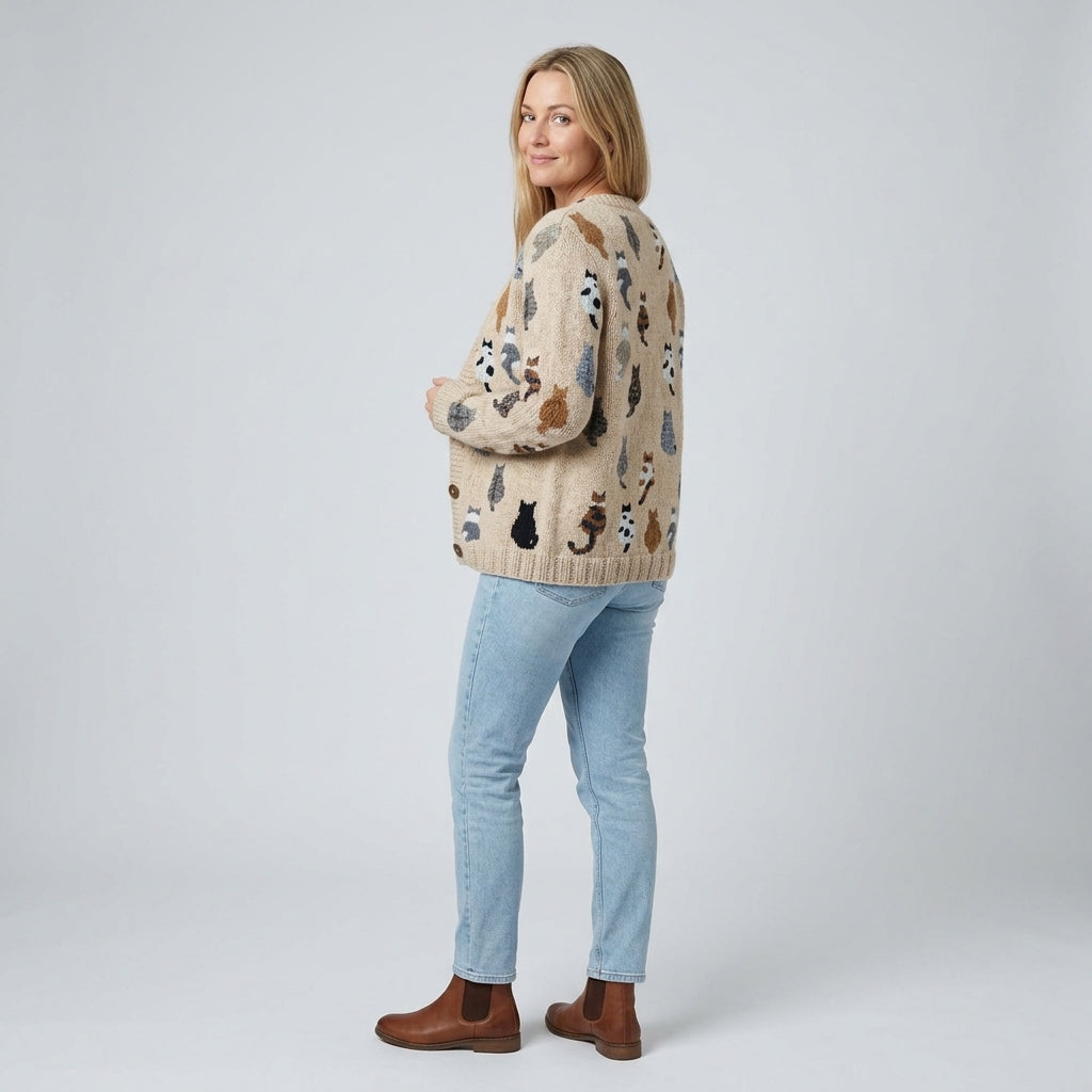 Elsinia | Dames Cardigan met Kattenprint – Gebreide Cardigan met Speelse Print