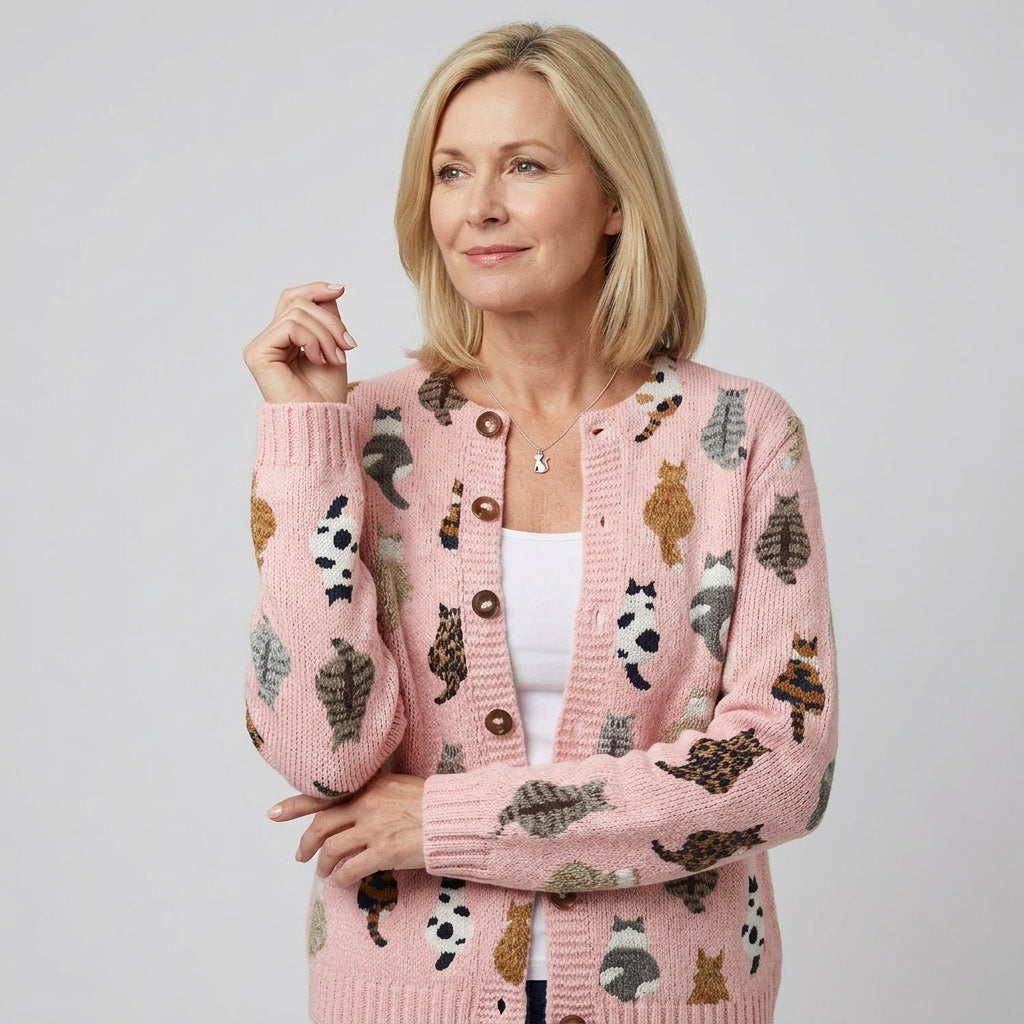 Elsinia | Dames Cardigan met Kattenprint – Gebreide Cardigan met Speelse Print