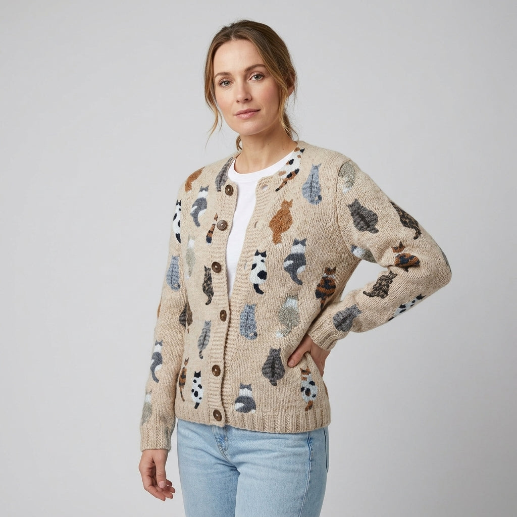 Elsinia | Dames Cardigan met Kattenprint – Gebreide Cardigan met Speelse Print
