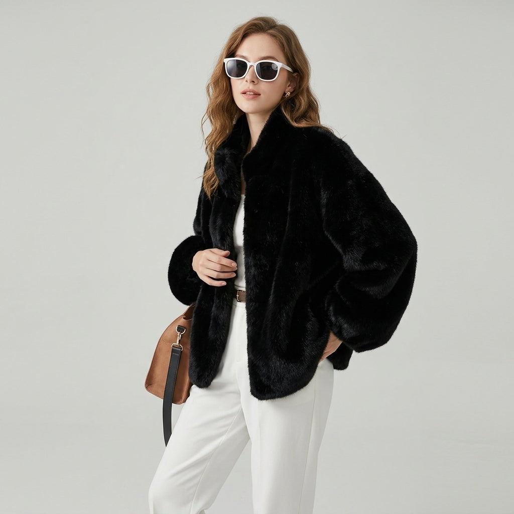 Emelien | Dames Korte Faux Fur Jas met Opstaande Kraag