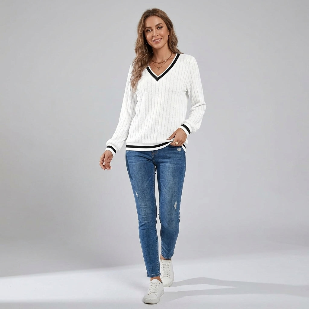 Hester | Dames T-shirt met V-Hals, Color-Block Design & Geribde Stof