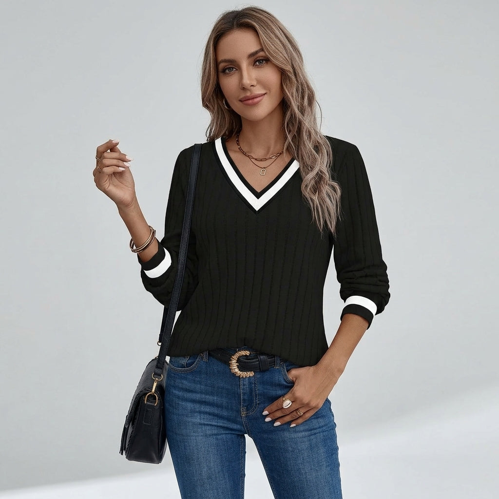 Hester | Dames T-shirt met V-Hals, Color-Block Design & Geribde Stof