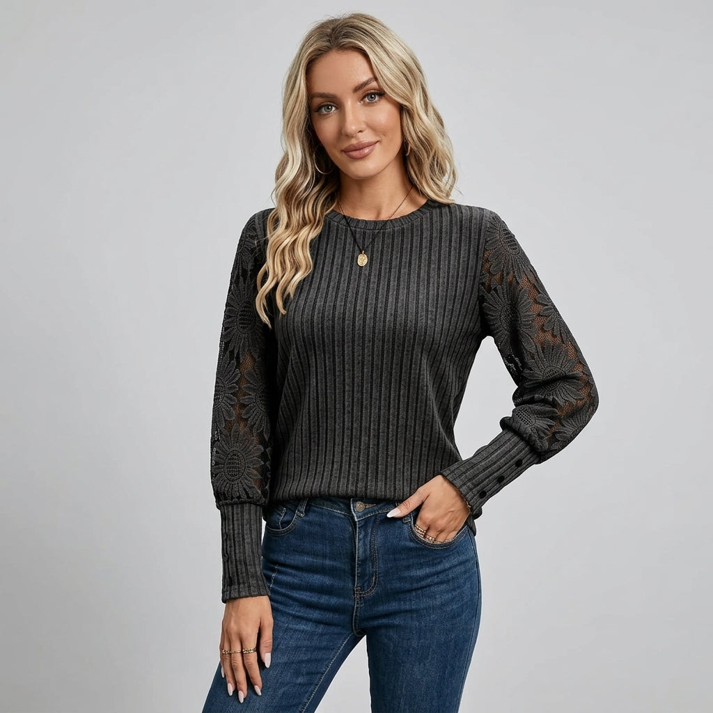 Fineke | Dames Top met Kanten Mouwen, Verticale Strepen & Ronde Hals