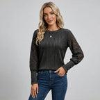 Fineke | Dames Top met Kanten Mouwen, Verticale Strepen & Ronde Hals