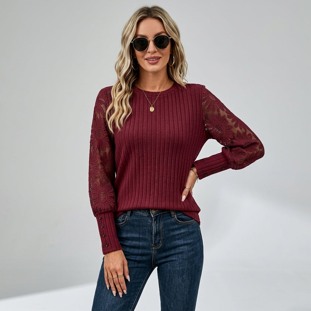 Fineke | Dames Top met Kanten Mouwen, Verticale Strepen & Ronde Hals