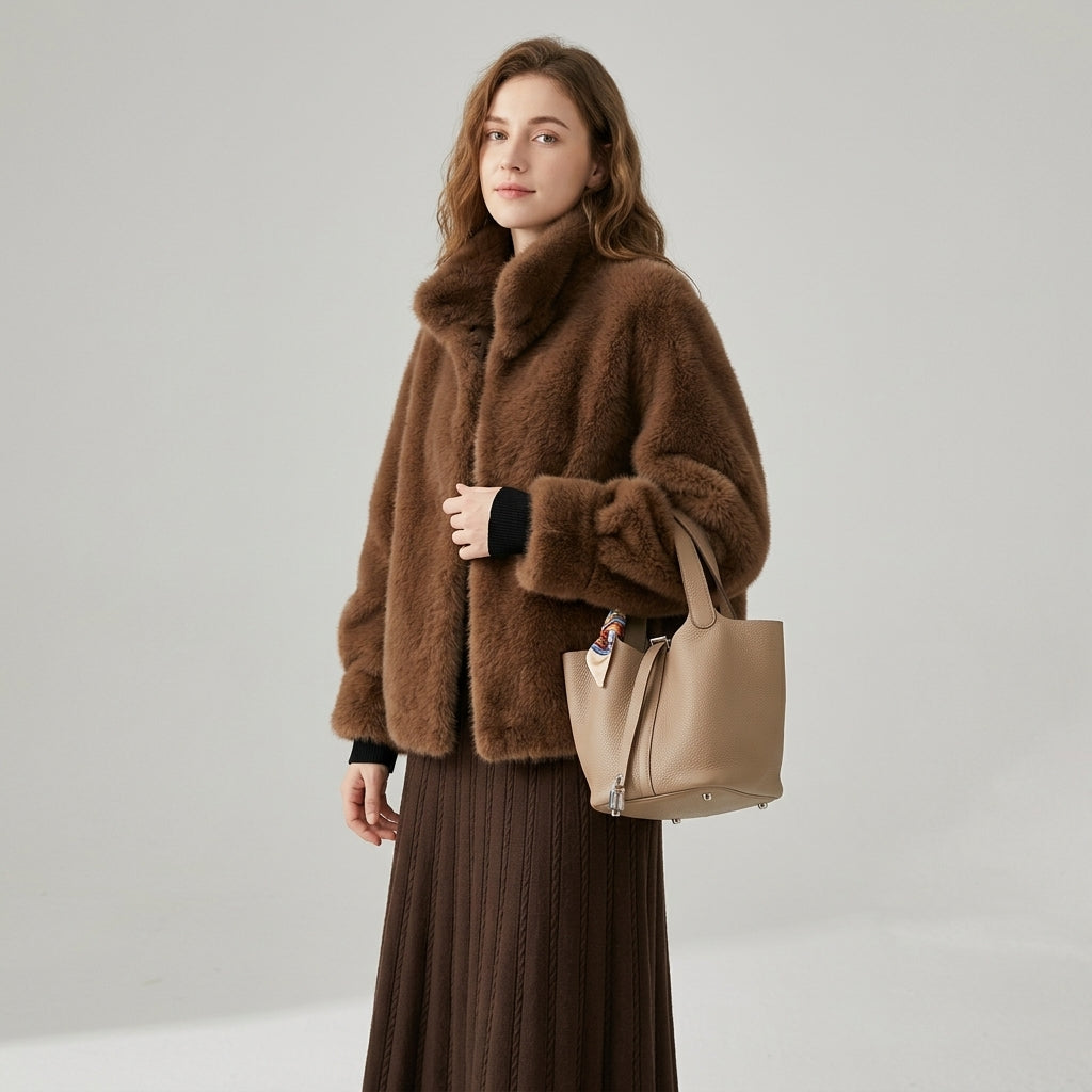 Emelien | Dames Korte Faux Fur Jas met Opstaande Kraag