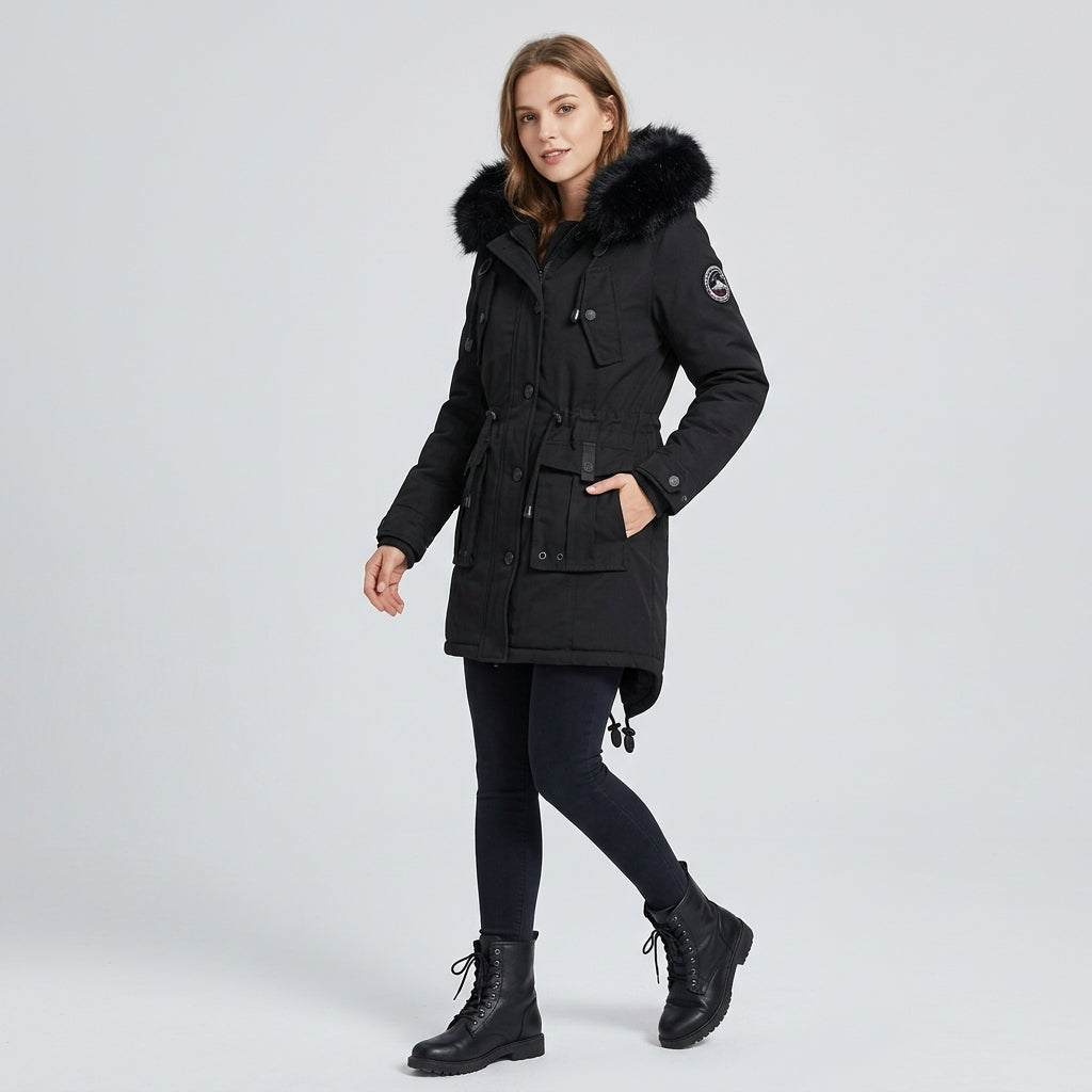 Daelina | Gewatteerde parka met capuchon voor dames, afgezet met imitatiebont, knopen aan de voorkant