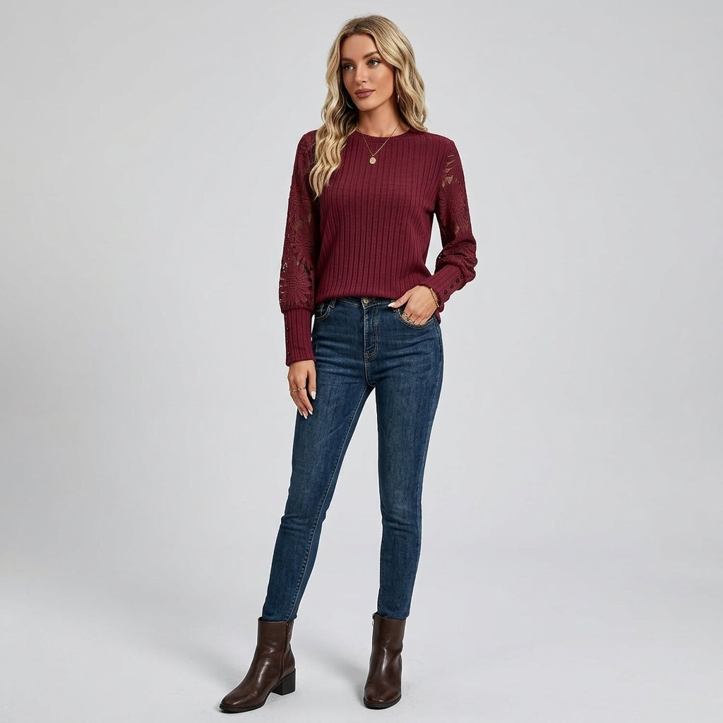 Fineke | Dames Top met Kanten Mouwen, Verticale Strepen & Ronde Hals