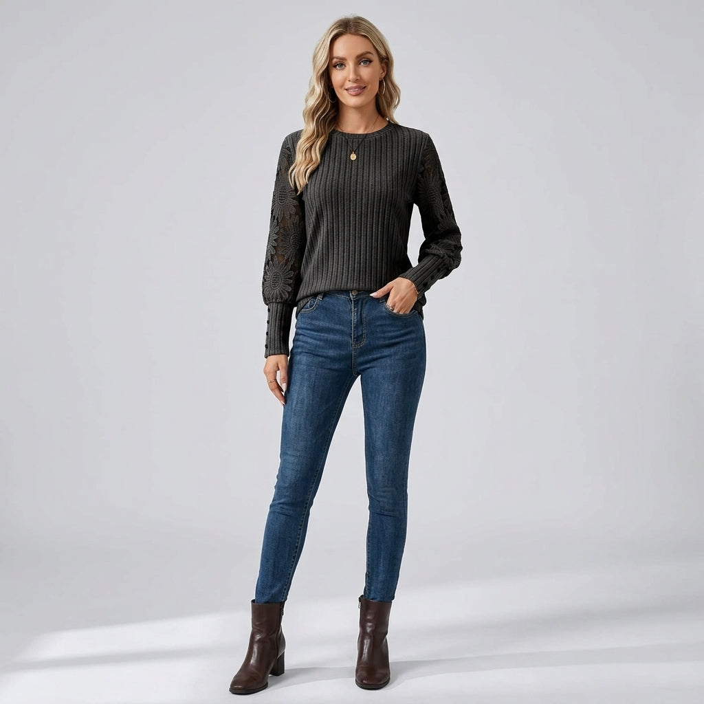 Fineke | Dames Top met Kanten Mouwen, Verticale Strepen & Ronde Hals