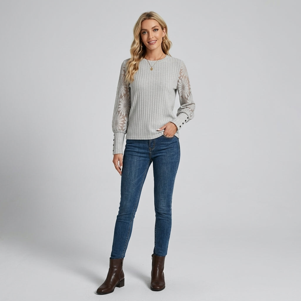 Fineke | Dames Top met Kanten Mouwen, Verticale Strepen & Ronde Hals