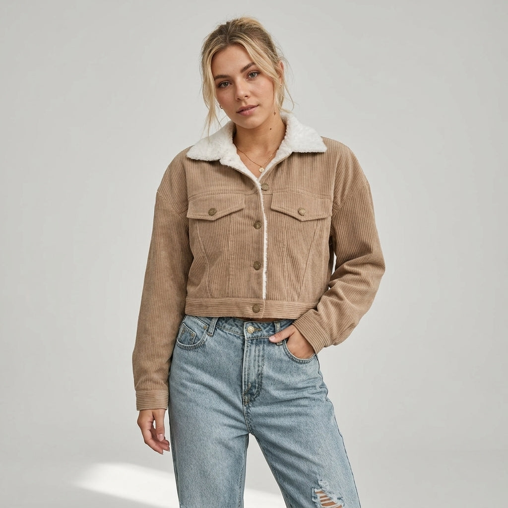Arina | Dames Corduroy Jas met Fleece Kraag, Korte Pasvorm