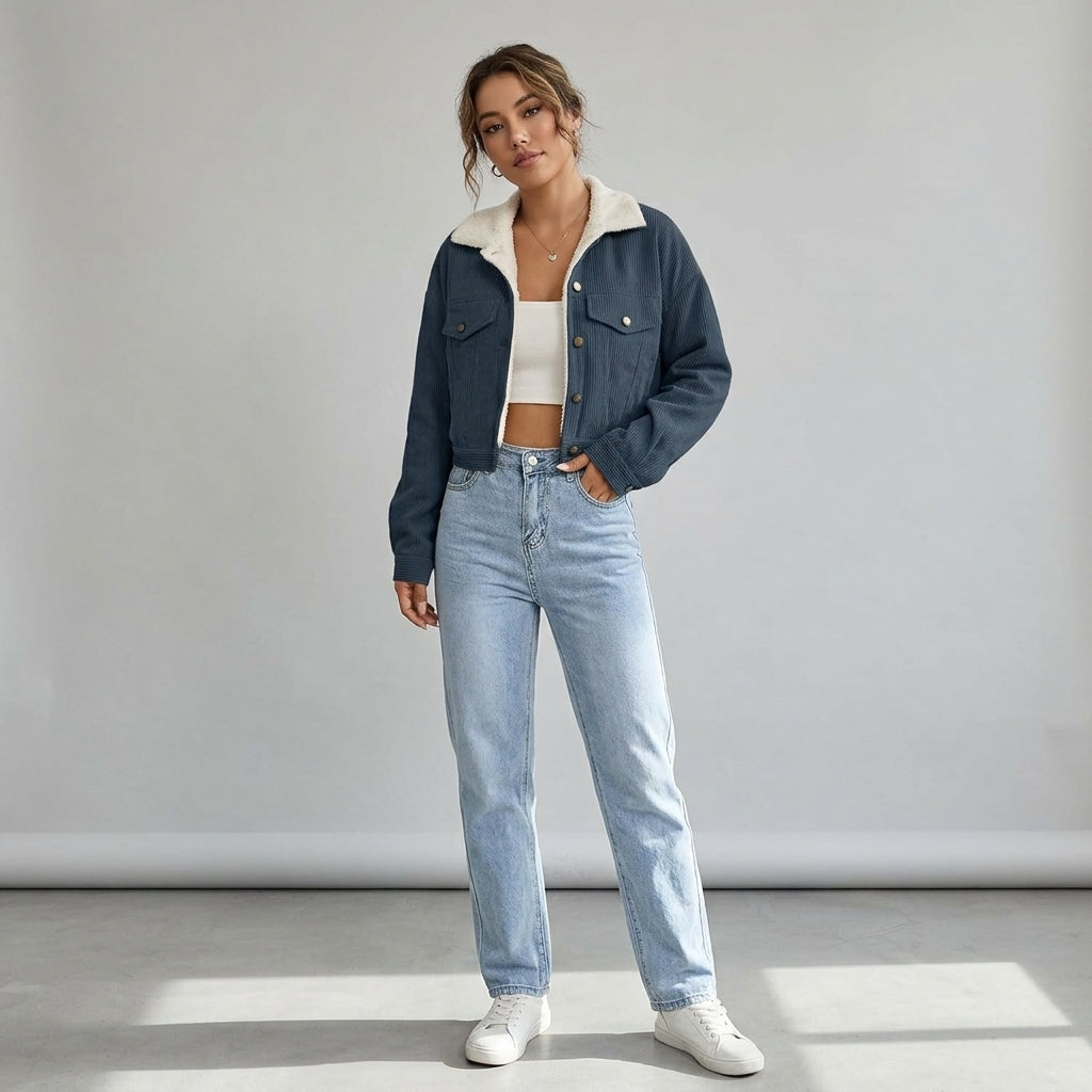 Arina | Dames Corduroy Jas met Fleece Kraag, Korte Pasvorm
