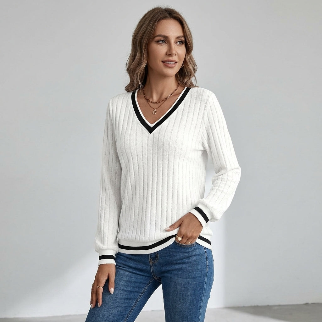 Hester | Dames T-shirt met V-Hals, Color-Block Design & Geribde Stof