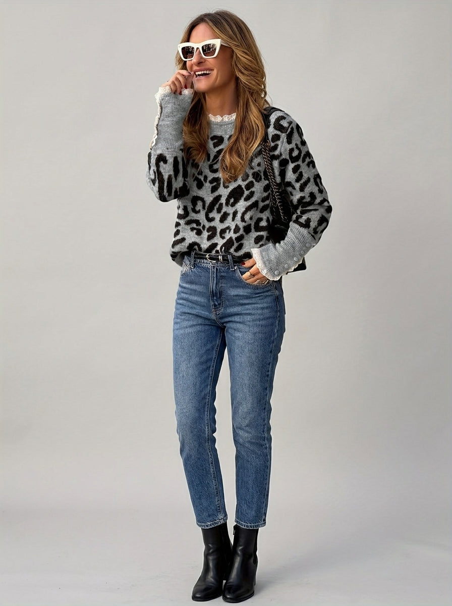 Eleri | Dames-top met lange mouwen en luipaardprint – Elegante gebreide trui