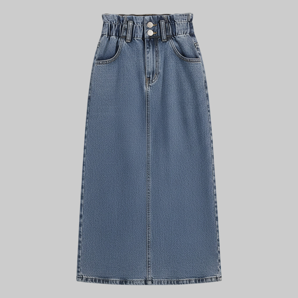 Osira | Dames High-Waist Denim Midi Rok – Front Seam, Tailleband, Knoop & Ritssluiting