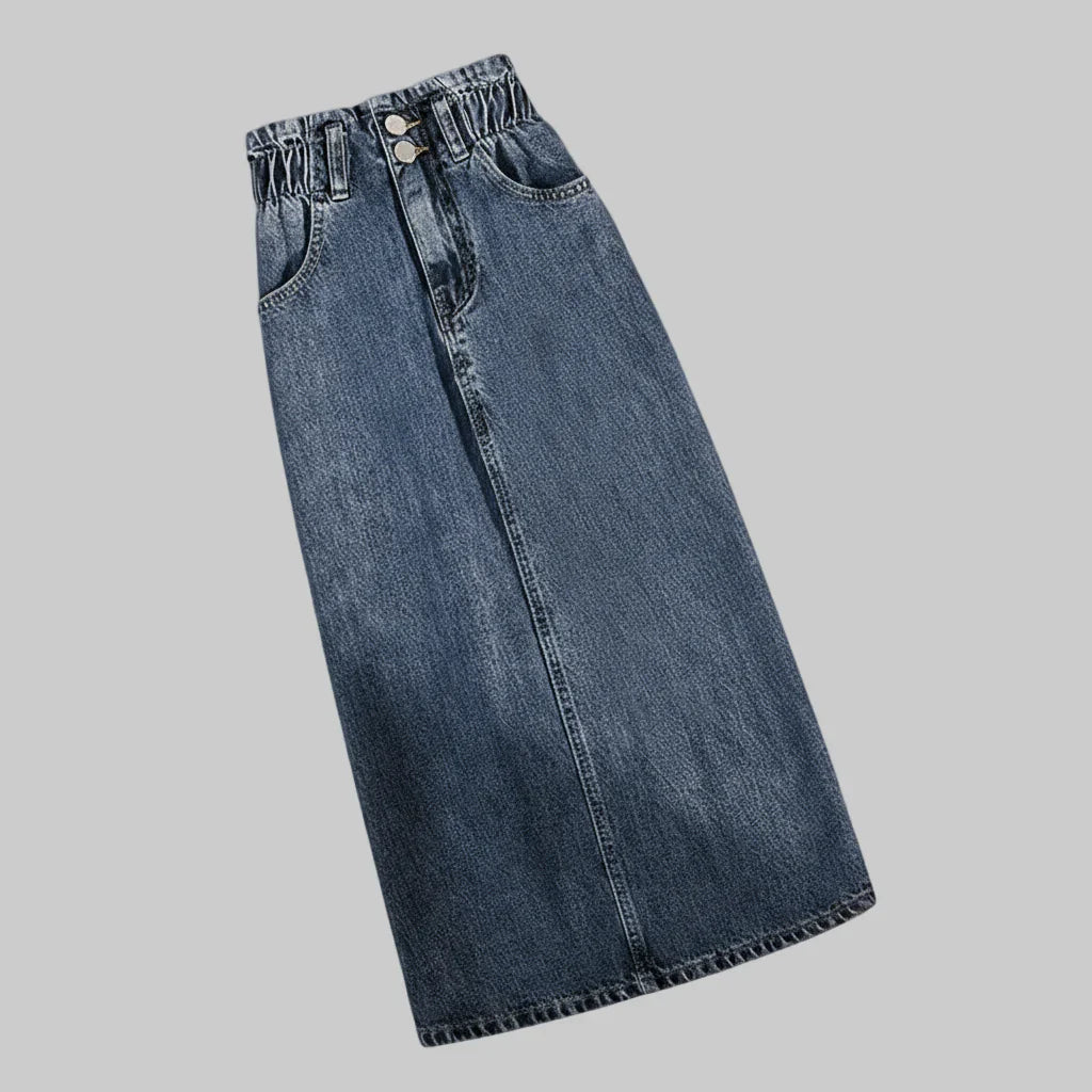 Osira | Dames High-Waist Denim Midi Rok – Front Seam, Tailleband, Knoop & Ritssluiting