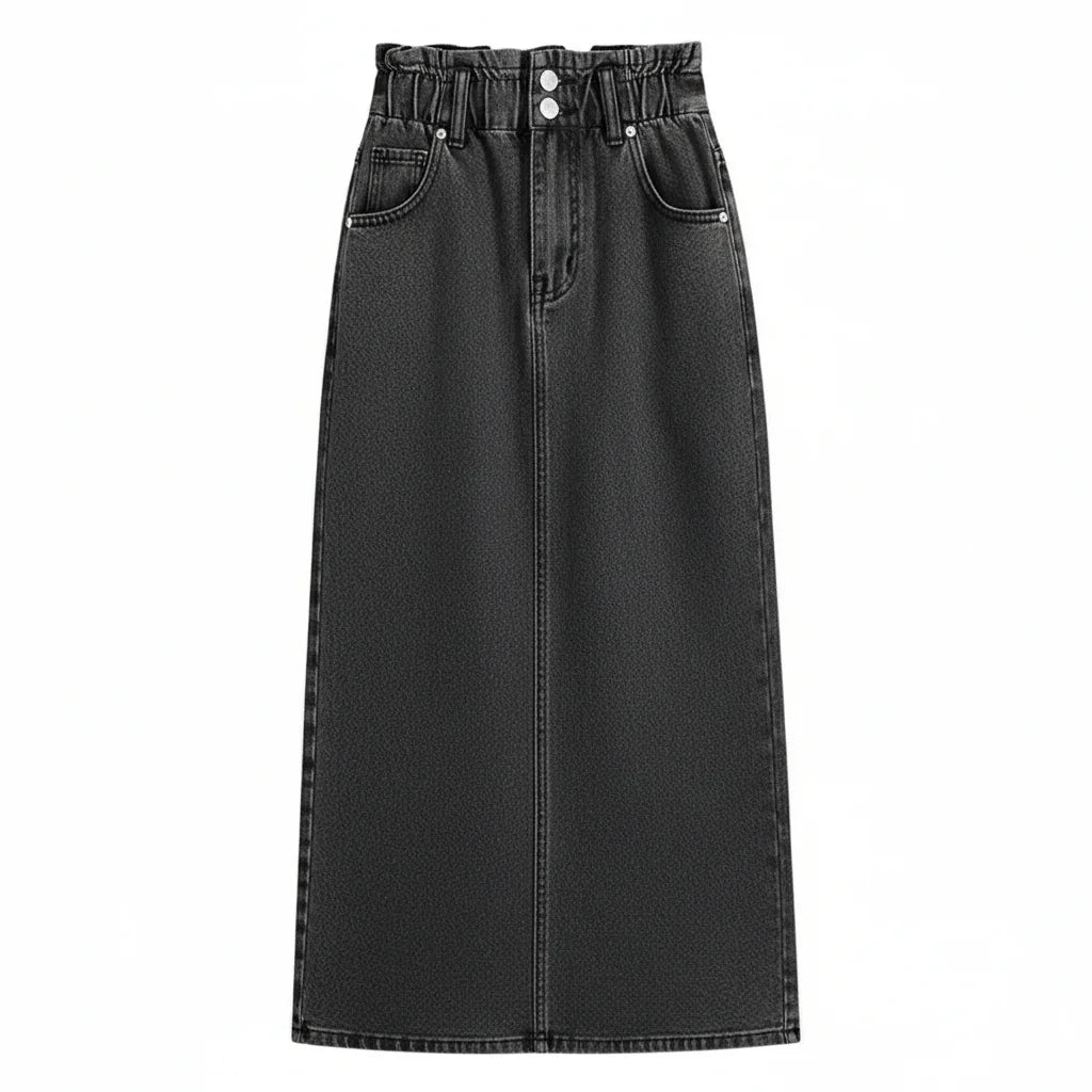 Osira | Dames High-Waist Denim Midi Rok – Front Seam, Tailleband, Knoop & Ritssluiting