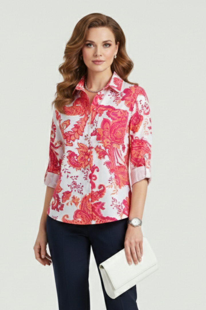 Cielle | Dames Blouse met Kraag – Omgeslagen Kraag, Lange Mouwen en Oprolbare Mouwen