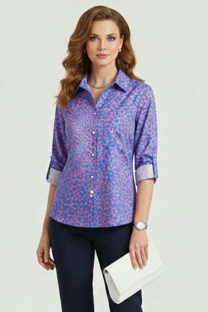 Cielle | Dames Blouse met Kraag – Omgeslagen Kraag, Lange Mouwen en Oprolbare Mouwen