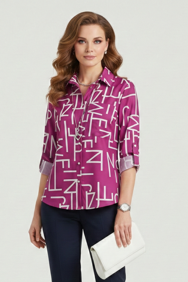 Cielle | Dames Blouse met Kraag – Omgeslagen Kraag, Lange Mouwen en Oprolbare Mouwen