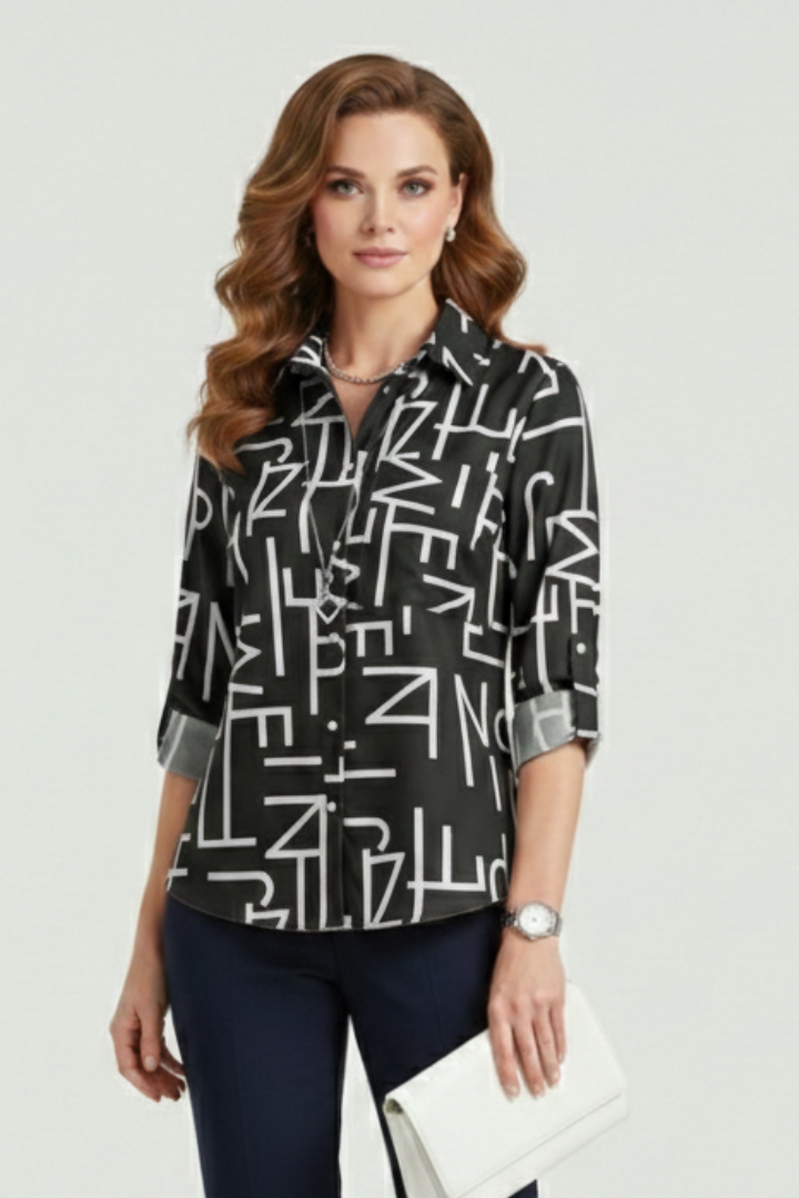 Cielle | Dames Blouse met Kraag – Omgeslagen Kraag, Lange Mouwen en Oprolbare Mouwen