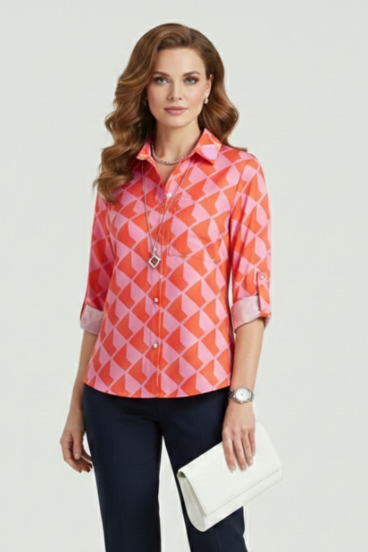Cielle | Dames Blouse met Kraag – Omgeslagen Kraag, Lange Mouwen en Oprolbare Mouwen