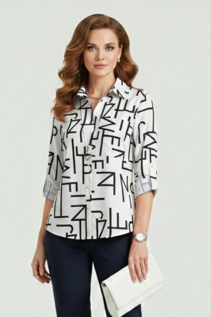 Cielle | Dames Blouse met Kraag – Omgeslagen Kraag, Lange Mouwen en Oprolbare Mouwen