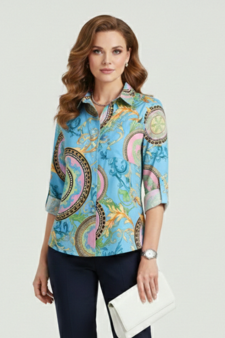 Cielle | Dames Blouse met Kraag – Omgeslagen Kraag, Lange Mouwen en Oprolbare Mouwen