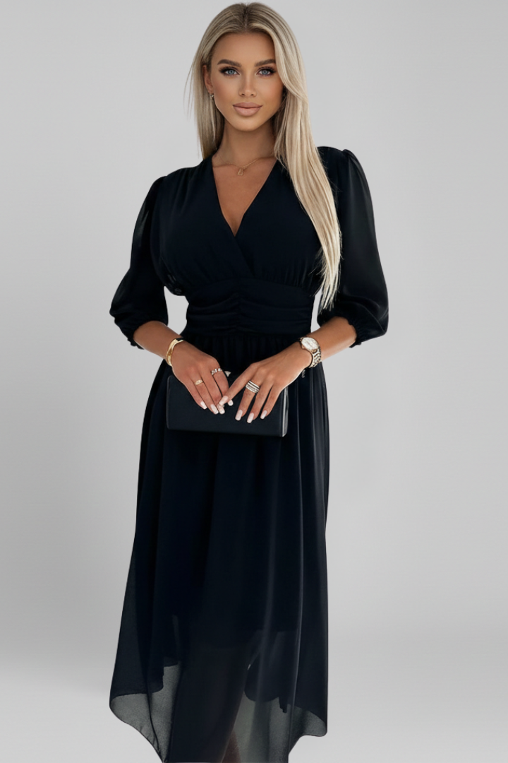 Romilly | Wrapjurk met V-hals voor dames – Midi-jurk met lange mouwen