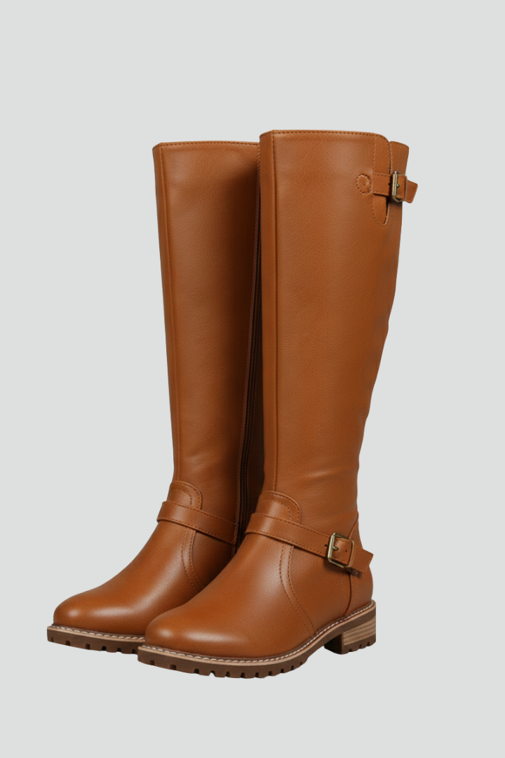 Anneliese | Dames kniehoge laarzen – Gespdetail, ronde neus & profielzool