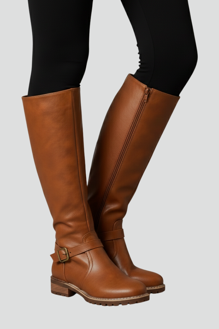 Anneliese | Dames kniehoge laarzen – Gespdetail, ronde neus & profielzool