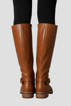 Anneliese | Dames kniehoge laarzen – Gespdetail, ronde neus & profielzool