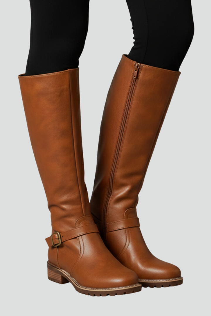 Anneliese | Dames kniehoge laarzen – Gespdetail, ronde neus & profielzool