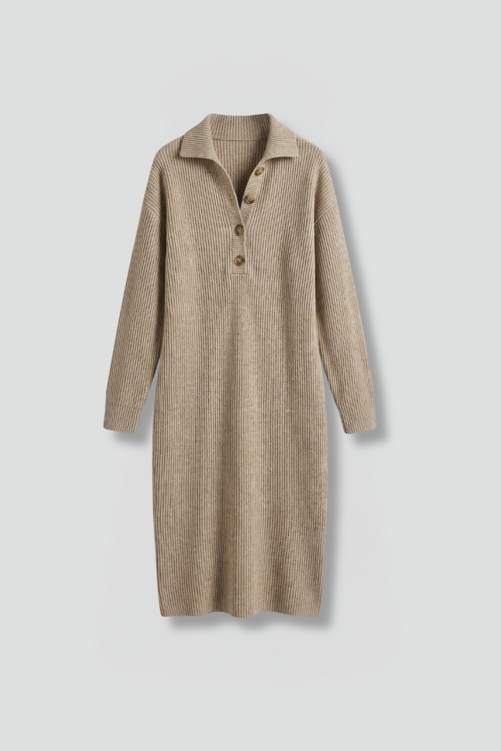 Orianne | Gebreide Damesjurk – Ribstructuur, Lange Mouwen, Knoopsluiting & Knielengte