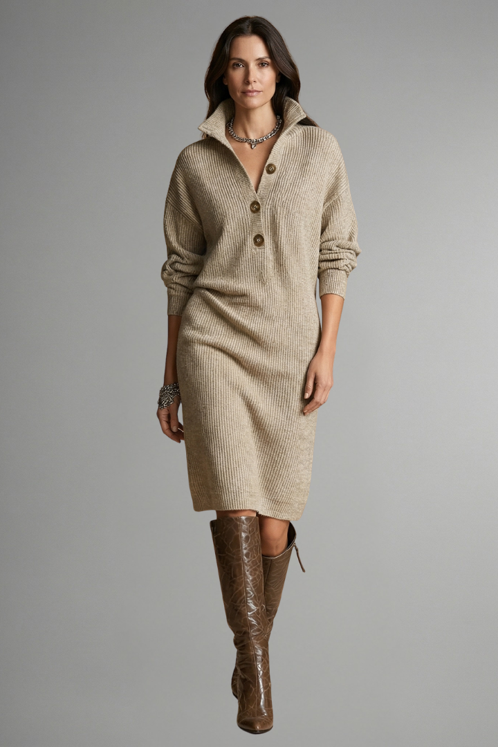 Orianne | Gebreide Damesjurk – Ribstructuur, Lange Mouwen, Knoopsluiting & Knielengte