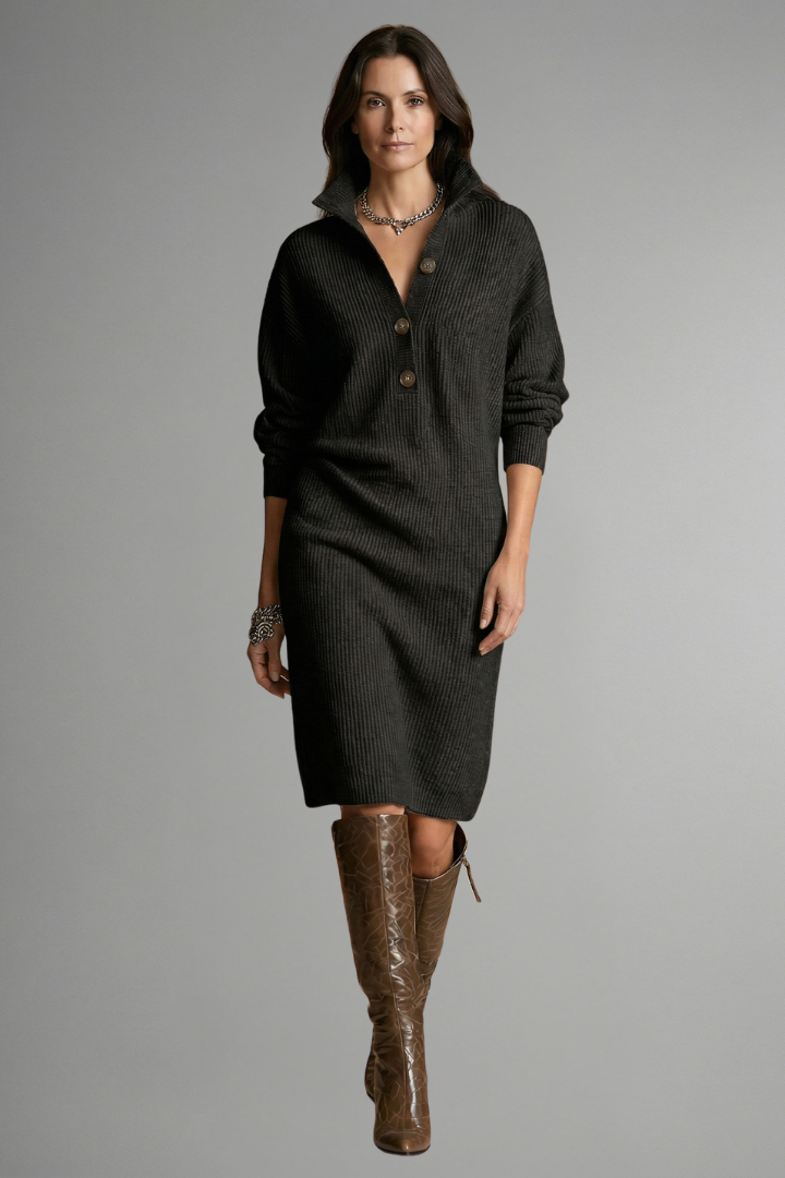 Orianne | Gebreide Damesjurk – Ribstructuur, Lange Mouwen, Knoopsluiting & Knielengte