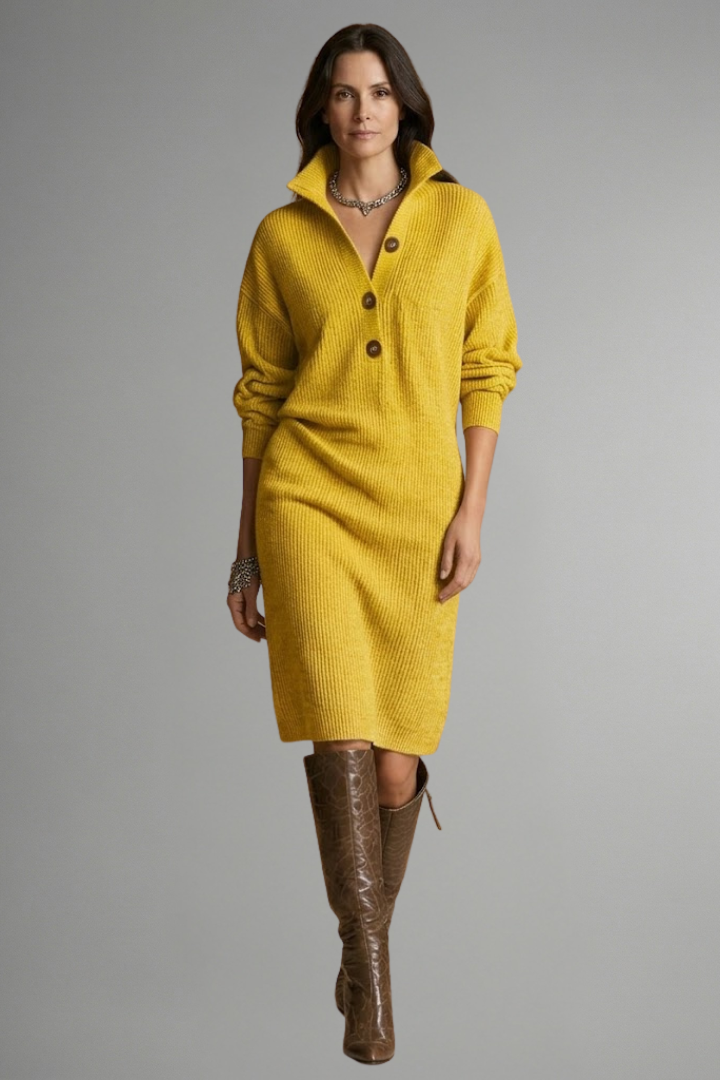 Orianne | Gebreide Damesjurk – Ribstructuur, Lange Mouwen, Knoopsluiting & Knielengte