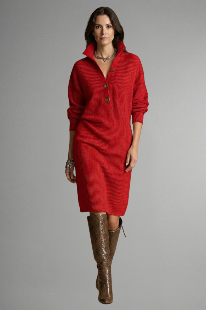 Orianne | Gebreide Damesjurk – Ribstructuur, Lange Mouwen, Knoopsluiting & Knielengte