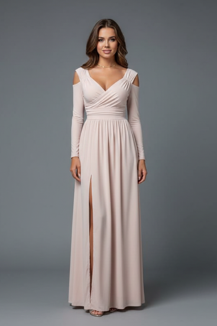 Philomena | Maxi-jurk voor dames – V-hals, lange mouwen, zijsplit en soepel vallend silhouet